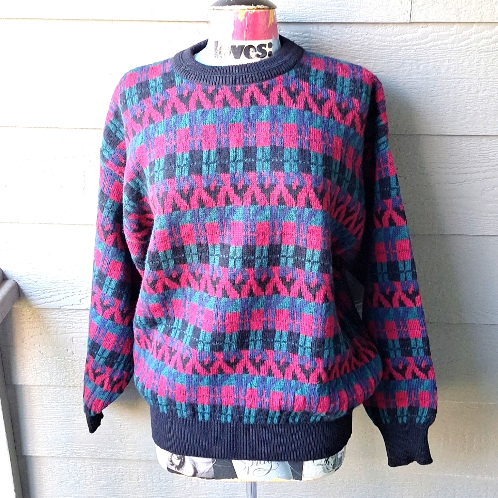 Vintage 90s colorful patterned wool sweater related fit Large Boston Traders